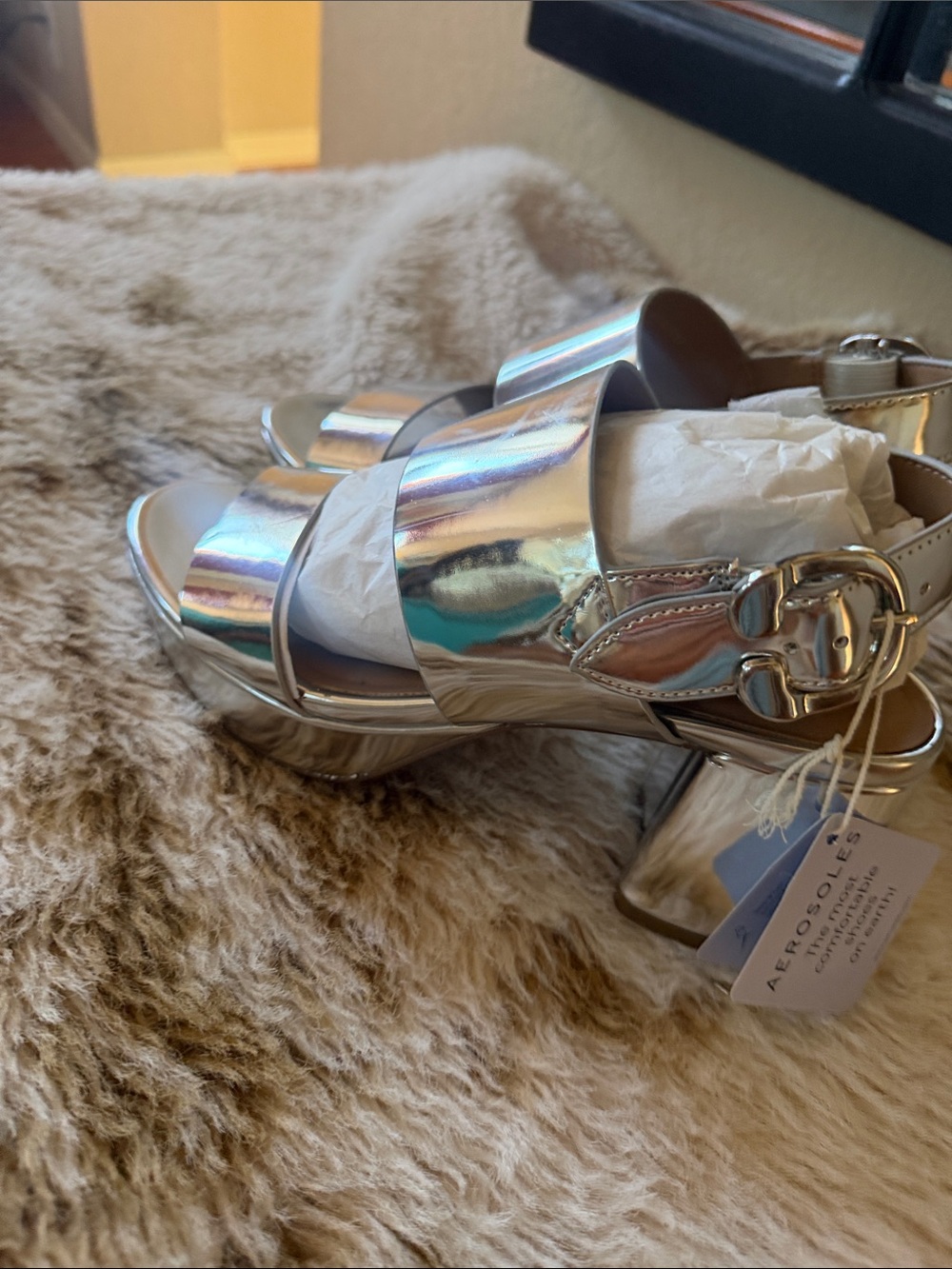 AEROSOLES Women's Metallic Silver Strappy Platform Sandals